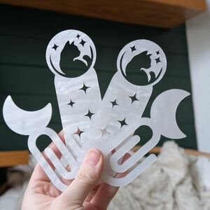 Pearl White 'Celestial Cat' and 'Moon Paperclip' Acrylic Bookmarks, unique gift!